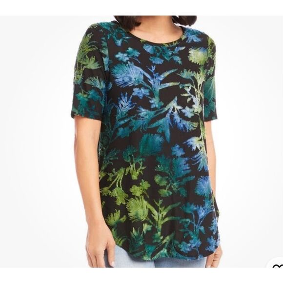KAREN KANE BLACK GREEN FLORAL TOP  BLOUSE TUNIC SIZE XS - Picture 1 of 7